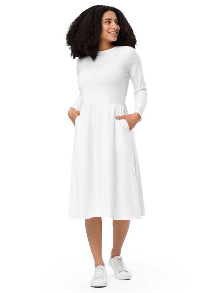 589 Women's Long Sleeve Midi Dress (All-Over Print) (White Stitch) - Image 1